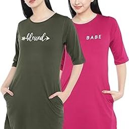 Long T-Shirt Dress for Women – Cotton Knee Length T Shirt Top | 3/4th Sleeves, Soft Bio-Washed Fabric | Stylish Regular Fit Crew Neck-image-18