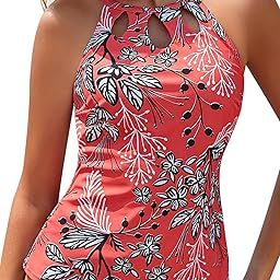 Women Tankini Top High Neck Bathing Suit Top Key Hole Swimsuit Top Halter Swim Top Only, Red Flower, Small-image-6