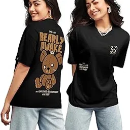 bewakoof Women's Bearly Awake Graphic Printed 100% Cotton T-Shirt Oversized Fit, Round Neck, Half Sleeve_591651_Black_XL-picture-22