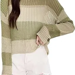icw Women's Knitted Transparent Hollow Out Loose Round Neck Long-Sleeve Color Block Stripe Pullover Top T-Shirt Dn16-picture-18