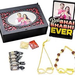 AJANTA ROYAL Personalized Raksha Bandhan Gift Hamper for Bhai & Bhabhi | Name Rakhi Combo with Photo Frame, Wooden Box, kumkum and akshat | Custom Bhaiya Bhabhi Rakhi Set (Rakhi Set-07)-image-56