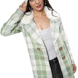 Women's Polyester Pistachio Green Fleece Tartan Plaid Long Length Coat For Casual Wear|Lapel Collar|Long Sleeve|Button Closure|Long Coat Crafted With Comfort Fit For Everyday Wear-picture-23
