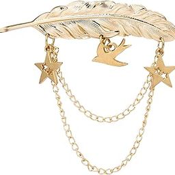 Gold Feather with Hanging Stars and Dove Bird Metal Lapel Pin Brooch for Men-image-1