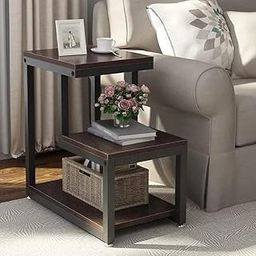 3 Tier Sofa Side Table, Modern Coffee Table Nightstands with Metal Frame and White MDF Desktop for Living Room Bed Room Decor (Brown Black)-picture-4