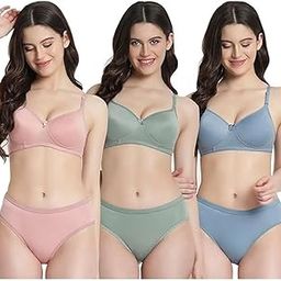 Miracle Moms Women's Cotton Full Coverage Lightly Padded T-Shirt Bra Wire Free Bra Panty Lingerie Set Honeymoon Bikni Set for Girl's Combo Pack of 3 (Size 34)-image-65