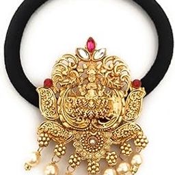hair bands for women and girls black colour hair rubber bands with antique gold color decoration (pack of 1) traditional hair ties stones ponytail holders center clips for children-image-93