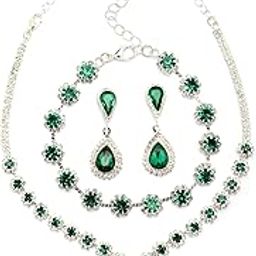 Ornamental Stylish AD Stone Diamonds Studded Rhodium Plated Silver Green Drop Choker Necklace with Drop Earring Combo Jewellery Set for Women & Girls|CBMIX107313-20