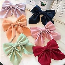 Kalaneet Bow tie Hair Rubber Band Scrunchy Combo Pack elastic Scarf crunchies fabric Scrunchies rubber and bow tie clip (Random color) Women Hair Ribbon crunchies bow - Pack of 6-image-86