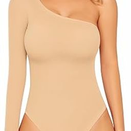 Women's One Shoulder Sleeveless Long Sleeve Jumpsuit Romper Nude Long Sleeve Large, Long Sleeve Nude, L-picture-5