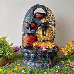 Indoor Tabletop Water Fountain with LED Lights, Decorative Buddha Statue, 3-Tier Waterfall Design, Grey and Gold-12
