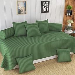 Homefab India 160 TC Stripe Glace Cotton Diwan Set - 8 Piece - Dark Green-image-4