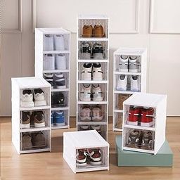 ZUSCHLAG Sneaker Box- 6 Tier Shoe Rack | Collapsible Shoe Organiser with Door-Foldable Sneaker Crates Footwear Organiser for Men, Women, Heels, Boots, Loafers, Sneakers, Slippers (White) - Plastic-picture-13
