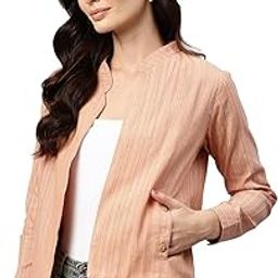 Women Peach-Coloured Striped Lightweight Open Front Casual Blazer-5