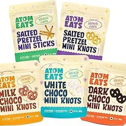 Atom Eats | Pretzel Variety Pack - Salted Mini Knots & Sticks, White, Milk & Dark Chocolate Dipped Pretzels - 30g Each | Crunchy Gourmet Snacks, Sweet & Salty Treats | Imported Quality-0
