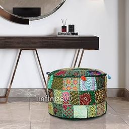 Cotton Ottoman Pouffe Cover Hand Embroidered Bean Bag Khambadiya Round Ottoman Rajasthani Patchwork Foot Stool Festive Decor Sitting Footrest Floor Pouf Cover (16x16x14) Inch-19