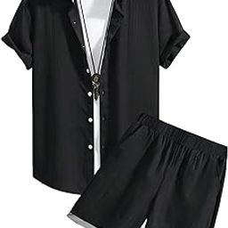 Men's Cord Set, Short Sleeve Pleated Shirt with Shorts, Classic Collar, Regular Fit, Night Suit for Men-image-87