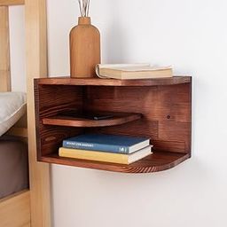 Crafstline Floating Wooden Wall Bedside Shelf, Wall-Mounted Nightstand with Curved Design (Brown)-image-0