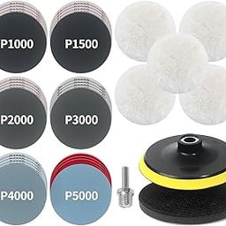 38 Pack 5 Inch Drill Sanding Attachment with Wet Sanding Discs and Hook and Loop Upgraded Backing Pads with 5/8-11 Shank, Wool Buffing Polishing Pads with 1000/1500/2000/3000/4000/5000 Grit Sandpapers-image-23
