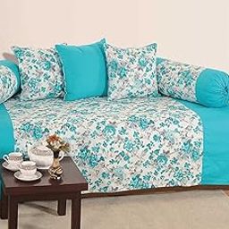 Swayam Diwan Set Cotton 6 Piece Diwan Printed Bedsheet Set for Living Room Hall (Set of 6 Piece, 1 Diwan Sheet | 2-Bolster Cover| 3 Cushion Covers) Soft Feel,Sea Blue Floral-10