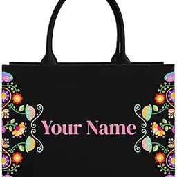 rerden Personalized Floral Tote Bag, Black Canvas with Colorful Folk Art Design, Double Handle Shopping Bag, Customizable Name-picture-2