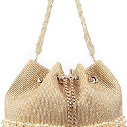Women Golden Raw Silk Beads and Pearl with Metallic Potli-14