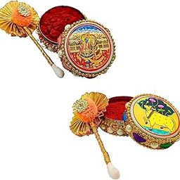 Shri Shri Handicraft Aluminium Handcrafted Sindoor Box for Women with 5gm Red Sindoor and Stick Applicator, Jaipuri Round Kumkum Dabbi/Dibbi Sindur Dani (RadaKrishna + Cow Box)-image-34