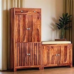 DR FURNITURE Solid Wood Shoe Cabinet for Living Room | Wooden Shoe Cabinet with Seating and Door for Home (Honey Finish)-image-8