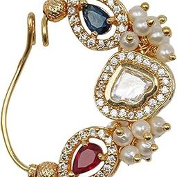 Traditional Gold-Plated Maharashtrian Nath, Blue Sapphire White Crystal Red Stone, Pearl Clusters, Wedding Nose Ring-image-86
