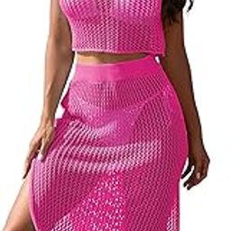 Women 2 Piece Swimsuit Crochet Hollow Out Swimwear Knit Mesh Tunic Beach Dress Side Slit-picture-19