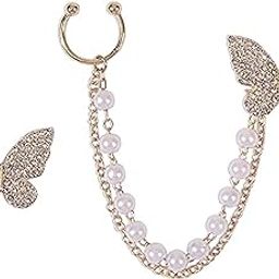 Earrings For Women Fashion Butterfly Ear Cuff Crawler AD & Pearl Gold Plated Pearl Chain Drop Stud Earrings For Girls Women Gift For Sister Love Gifts Earring Jewellery-18