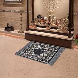 Kuber Industries Velvet Pooja Mat for Sitting On Floor | Comfortable Eating Aasan for Home | Decorative Sitting Mat for Meditation & Mandir | Floral Print - Grey & Navy Blue-76