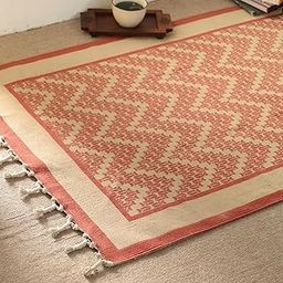 Peepul Tree Handmade Pure Cotton Rugs for Living Room | Multipurpose Carpet for Hall, Bed Room and Corridor | Floor Rugs | Sustainable Dhurrie Rugs | 3x5ft | Coral, and Ivory | Chintz Collection-image-10