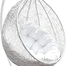 Hindoro Rattan Wicker Wrought Iron Single Seater Swing Chair with Stand & Cushion & Hook Outdoor || Indoor || Balcony || Garden || Patio || Living Outdoor Furniture (White, Oval)-image-67