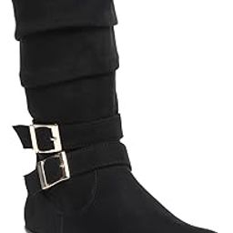 Women's Slipon Side Zipper PU Belt with Buckle Round Toes Calf Length Comfort Boots-image-29