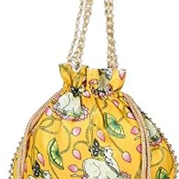 Potli | Silk Wedding Potli | Wallet Potli | Christmas Gift Potli | Baby Shower Potli | Drawstring with Beads Handle Potli | Cow-Design Patli Potli | Yellow-image-91