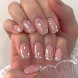 Kriga 24 Reusable Artificial Fake Nail Set| Peach Silver Glitter Short Ballerina Shape Glossy Press On Nails| Lightweight & Long Lasting| Quick Fix For Festivals & Special Occasions-12
