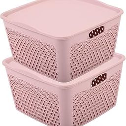 Kuber Industries Netted Design Unbreakable Multipurpose Square Shape Plastic Storage Baskets with lid Small Pack of 2 (Grey)-image-34