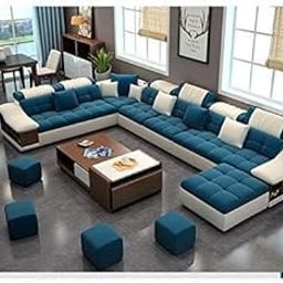 Woodsfreak Luxurious Day Bed Designer Living and Dining Hall Nylon U Shape Sofa Set 3, 2, 2, Corner, 4 Pease Puffy, Dewan, Standard Size (Blue and White)-image-72