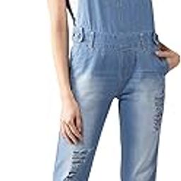 Women's Light Blue Regular Fit Mid Rise Regular Length Ripped Denim Dungaree-image-67