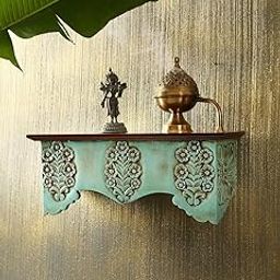 Living Furn INDIA Vintage Wooden Wall Shelf, Floral Carved Design, Turquoise and White, 50.8 x 19 x 20.3 cm (Green)-image-64