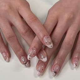 24 Reusable Artificial Fake Nail Set| Peach Color With Rose Gold Bow And Heart Design Almond Glossy Nails| Lightweight & Long Lasting| Quick Fix For Festivals & Special Occasions-4