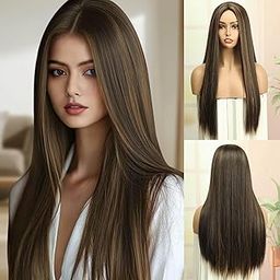 Creamily Brown Long Wig for Women 23'' Brunette Wigs for Women Long Staight Brown Synthetic Wig for Daily Party-image-10
