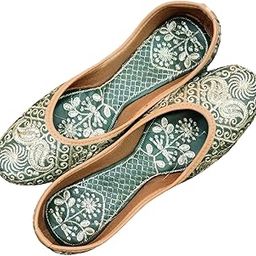 Women's Traditional Punjabi Jutti, Silver Embroidered Flats, Green and Brown, Handcrafted Wedding Footwear-image-63