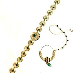 Gold Plated Combo Jewellery Traditional Rajasthani Pearl Nathiya/Nose Ring with Pearls Chain and Mathapatti shisful in golden green color for Women and Girls-picture-50