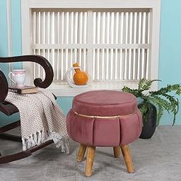 Interiors Spot Ottoman Pouffes Sitting Mudda Puffy Wooden Leg Stool for Living Room Dressing Table, Pouf Round Footstool, Holland Velvet, 16x16x18 Inch, (Gajri)-image-70