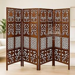 UNIQUE WOOD ART Wooden Room Divider 5 Feet 4-Panel Carved Handcrafted | Wood Folding Partition for Living Room | Traditional Jali Design Elegant Privacy Screen Separator for Homes and Workspaces-image-22