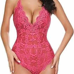 Women's Floral Lace Bodysuit, V-Neck Teddy Lingerie, Hot Pink-image-47