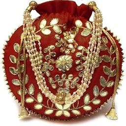 FURRFAB Combo of 2 Handcraft Style clutch silk potali bag-Maroon And Potali Embroidered Evening Bag with Pearls and Beads, Yellow-image-92
