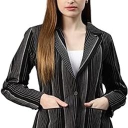 WomenBlack & Beige Striped Single-Breasted Blazer-picture-47