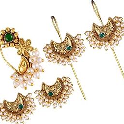 Vivastri Earring, Cuff Earring & Nose Ring Combo Gold Plated Alloy [VIVA2571-2620ERG-1173-NTH-PRESS-GREEN]-4